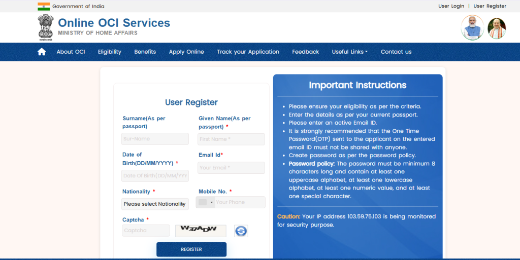 OCI registration sample form 2026 official portal user registration page